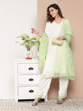 InWeave Women's Cream Straight Kurta Set W Green White Print Organza Dupatta