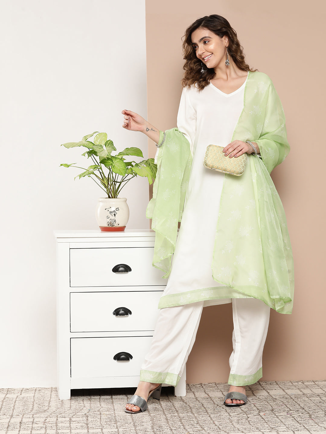 InWeave Women's Cream Straight Kurta Set W Green White Print Organza Dupatta