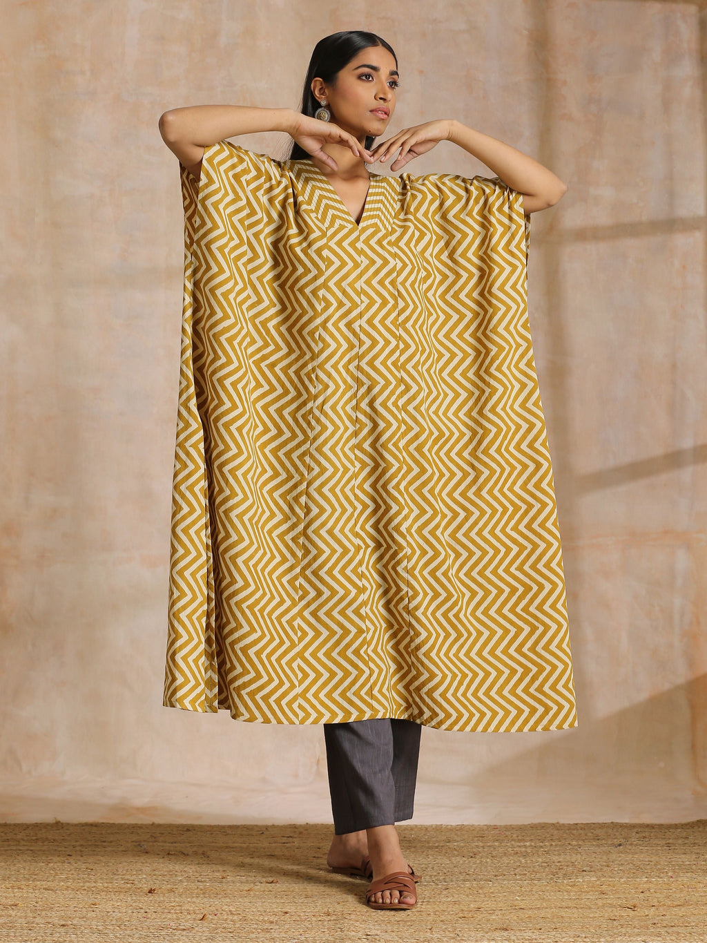 trueBrowns Mustard Dabu Zig-Zag Lines Print Cotton Panel Kaftan Kurta Pant Set
