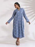 trueBrowns Blue Cotton Floral Embroidered Dress