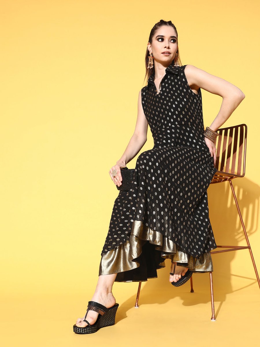 Ahalyaa Black Georgette Ethnic Motifs Printed Shirt-Collar Midi Fit & Flare Ethnic Dress
