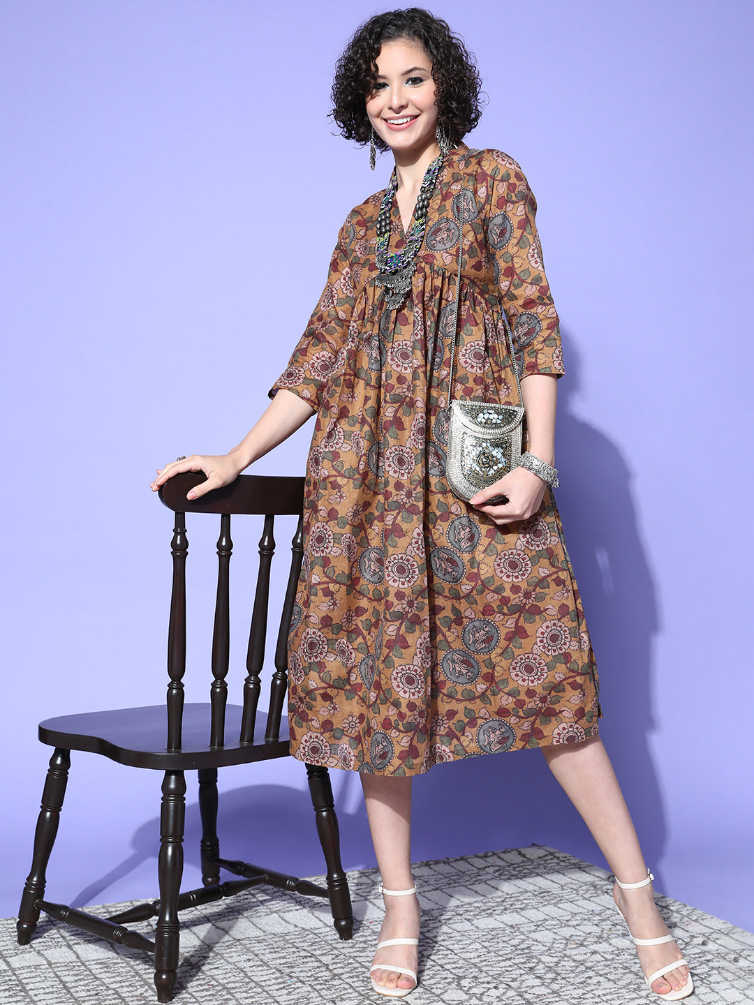 InWeave Women's Ochre Mustard Kalamkari Print Dress