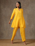 trueBrowns Yellow Bandhani Flare Printed Silk Co-Ord Set | Relove