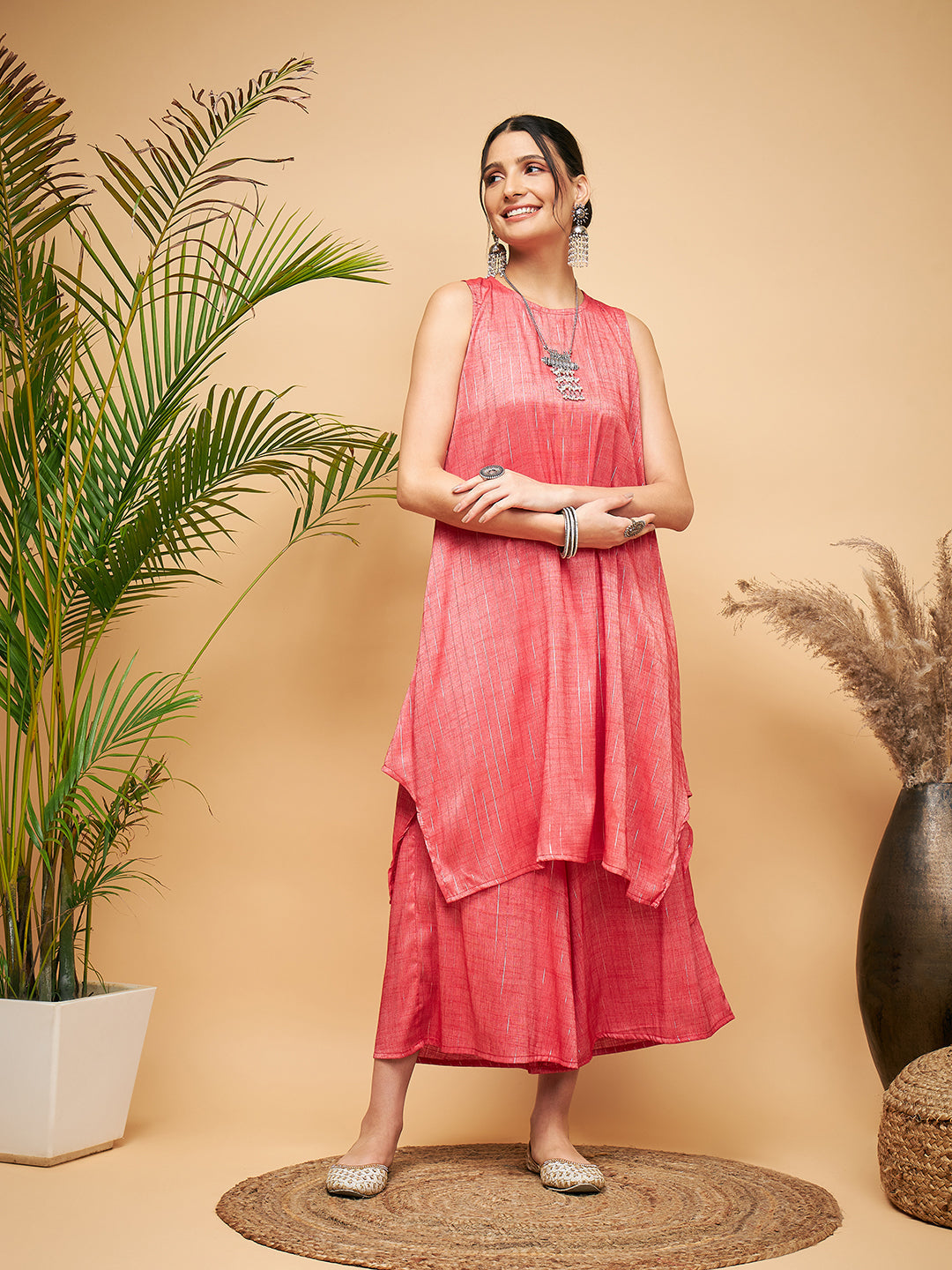 InWeave Women's Red Lurex Short Pallazo Kurta Set