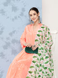 InWeave Women's Peach Tiered Kurta Set With White Pink Lotus Cr Dupatta