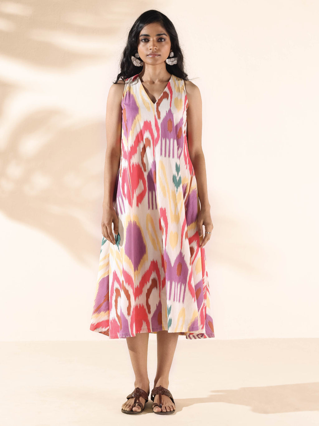 trueBrowns Pink Cotton Ikat Sleeveless Dress
