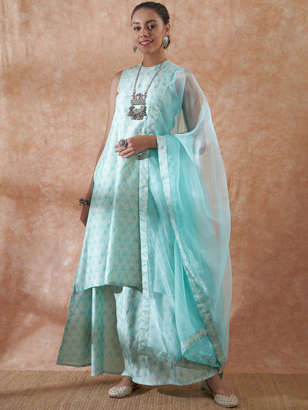 InWeave Women's Powder Blue Jacquard Halter Kurta Set W Powder Blue Or Dupatta