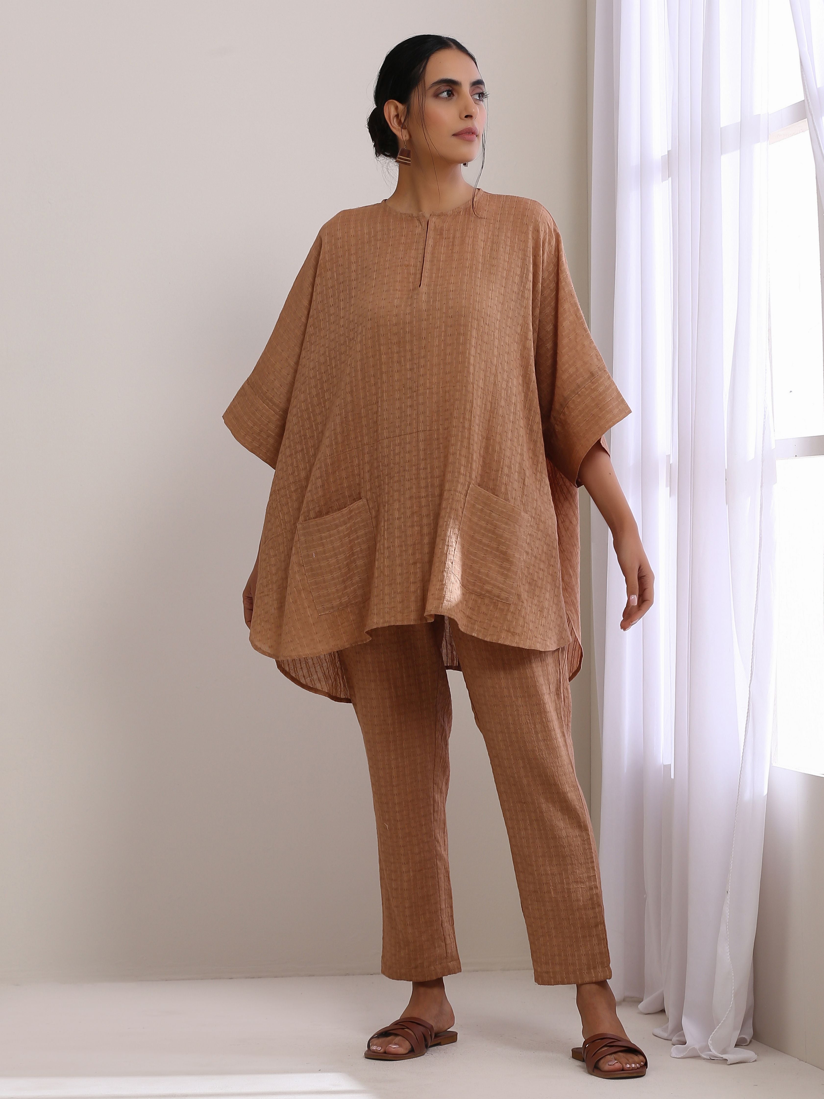 trueBrowns Beige Dobby Boxy Fit High-Low Co-Ord Set