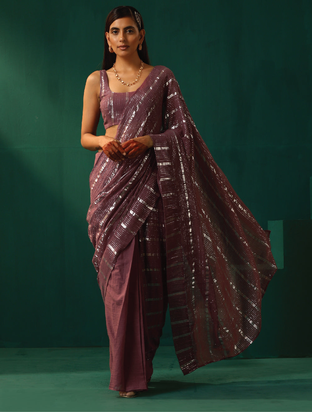 trueBrowns Mauve Cotton Silver Lurex Striped Ready to Wear Saree