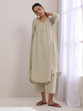 trueBrowns Light Grey Slub Gathered Kurta Pant Set