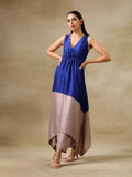 trueBrowns Blue and Grey Textured Silk Sleeveless Round Hemline Kurta Pant Set