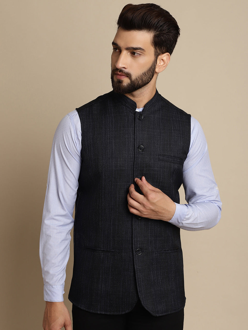 Even Apparels Men's Blue Mandarin Collar Waistcoat