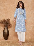 InWeave Women's Blue White Floral Square Lace Work Straight Kurta
