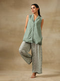 trueBrowns Light Green Bandhani Printed Silk Sleevesless Jacket Pant Set
