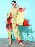InWeave Women's Lime Green Red Big Motif Print Kurta Set