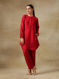 trueBrowns Maroon Textured Silk Front Placket Co-Ord Set