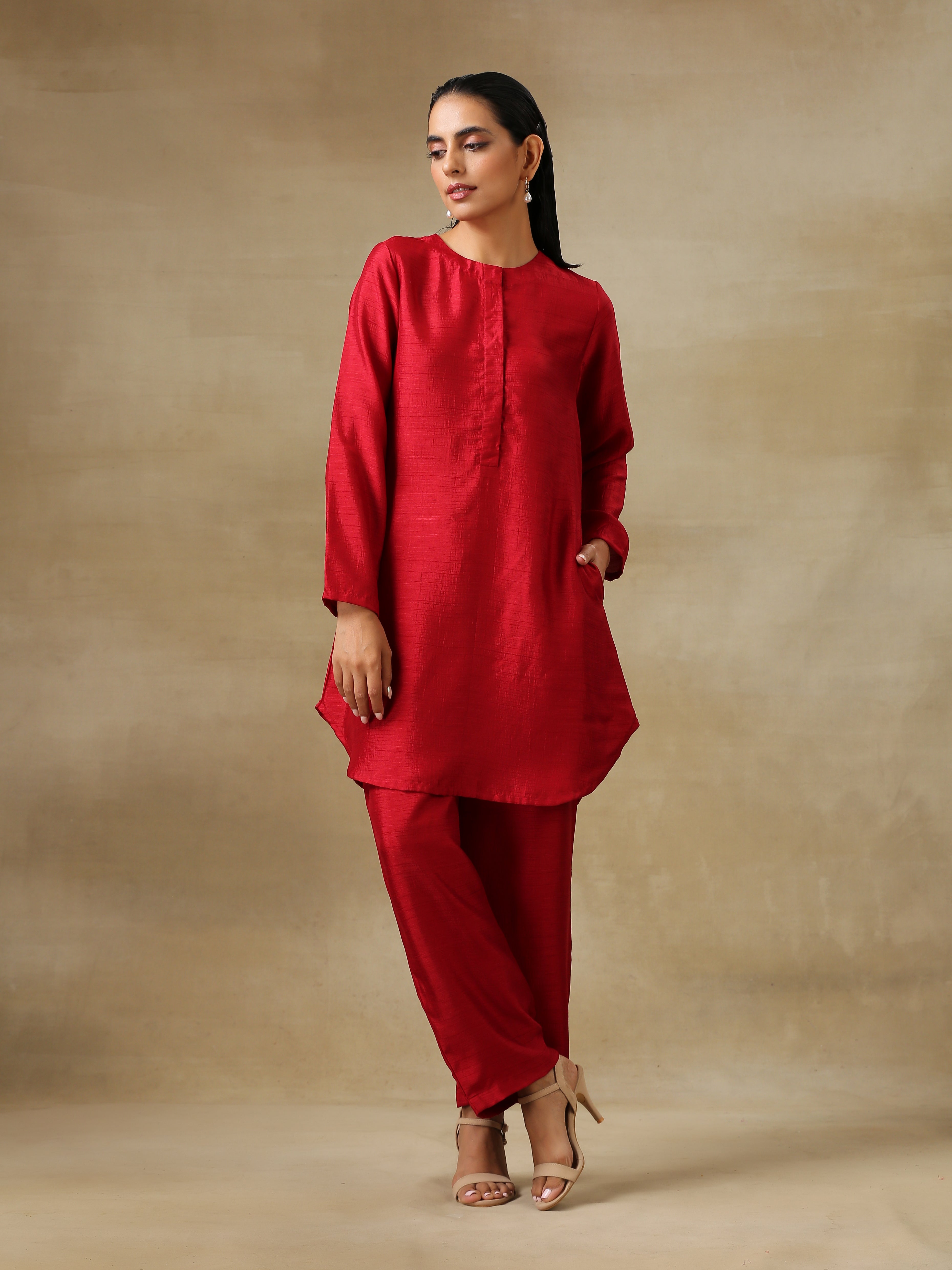 trueBrowns Maroon Textured Silk Front Placket Co-Ord Set