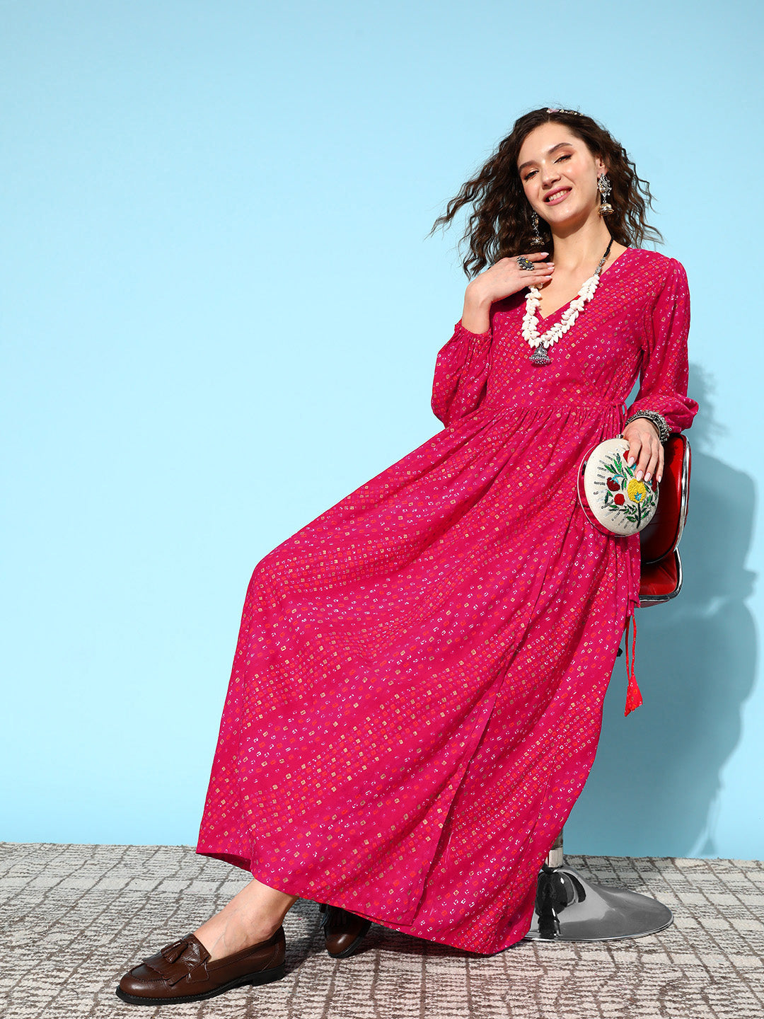 InWeave Women's Maroon Ethnic Print Wrapped Long Dress
