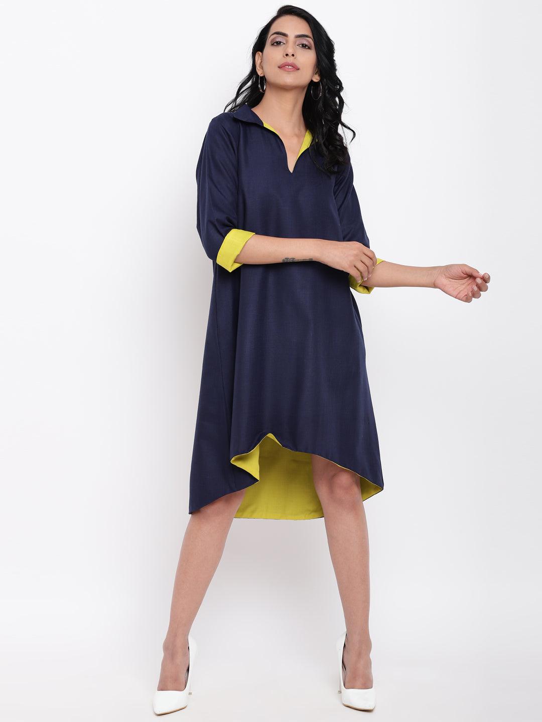 trueBrowns Linen Cotton Blue Collared Dress