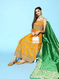InWeave Women's Mustard Foil Print Strappy With Green Brocade Dupatta