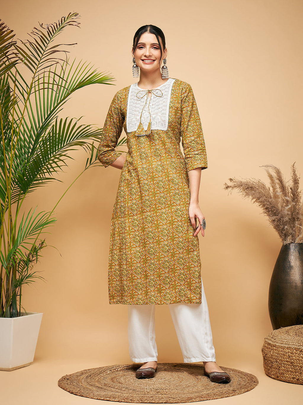 InWeave Women's Olive Ajrakh Print Cotton Patch Work Straight Kurta