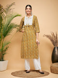 InWeave Women's Olive Ajrakh Print Cotton Patch Work Straight Kurta
