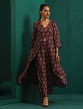 trueBrowns Deep Purple Paan Muslin Silk Printed Front Slit Kurta Pant Set
