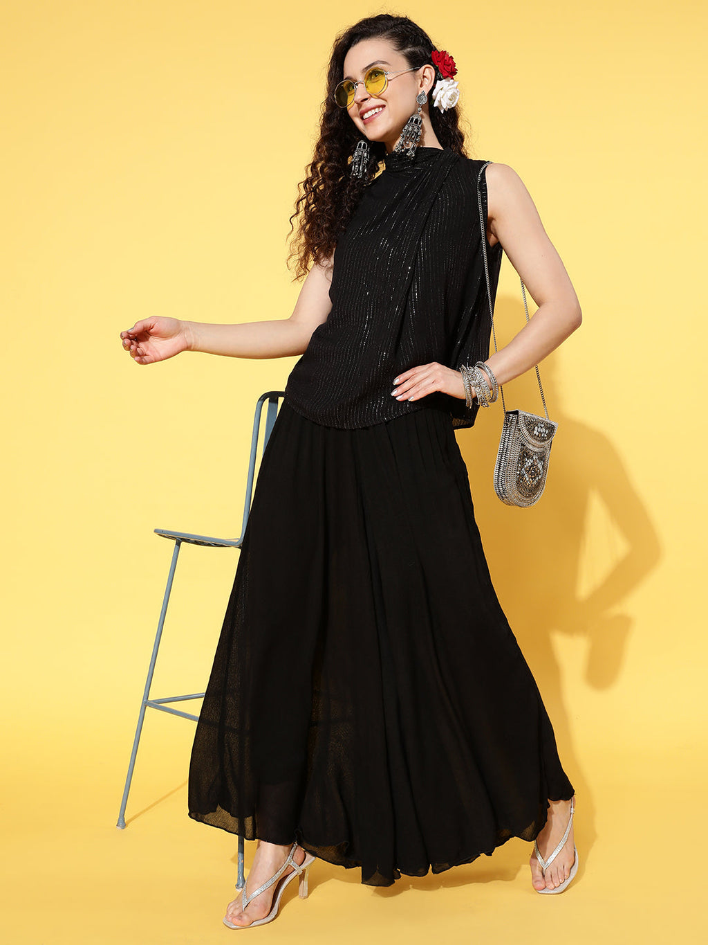 InWeave Women's Black Lurex Top With Flared Pallazo