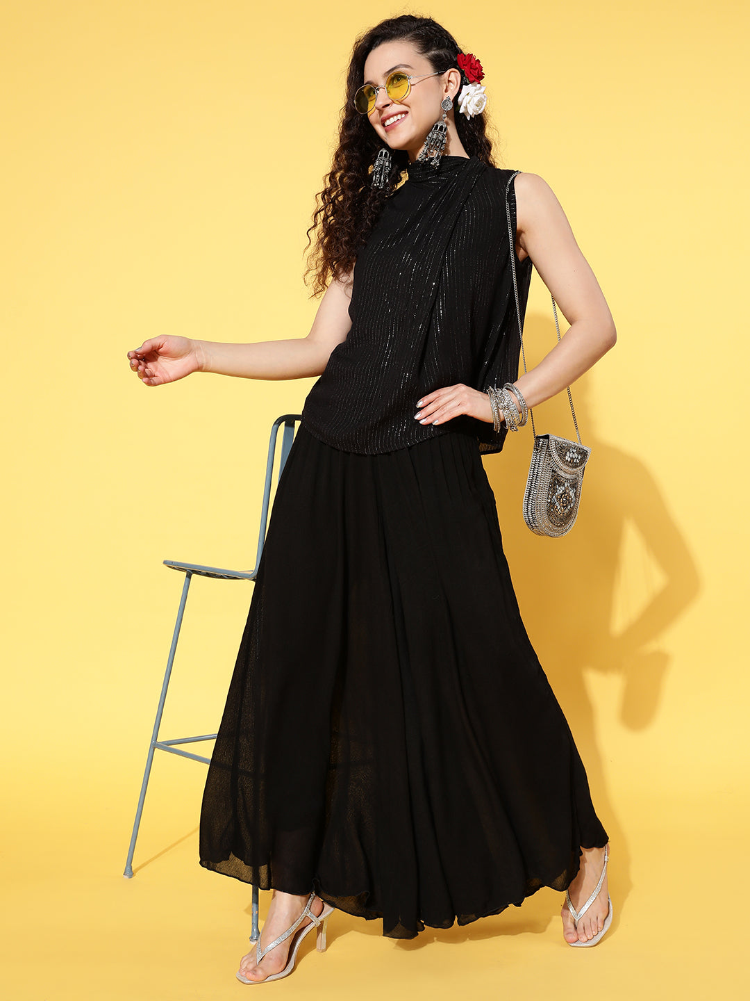 InWeave Women's Black Lurex Top With Flared Pallazo