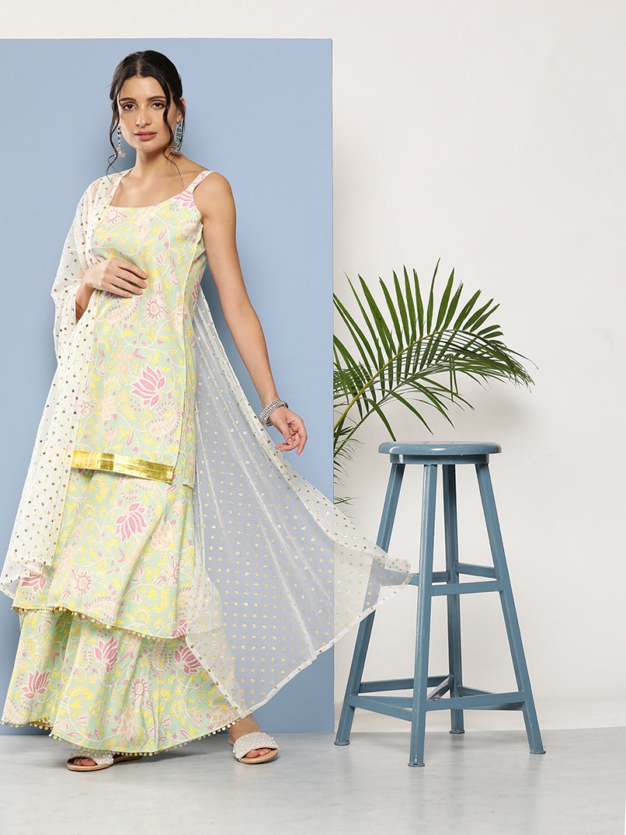 Ahalyaa Women Sea Green Floral Printed Gotta Patti Kurti with Sharara & With Dupatta