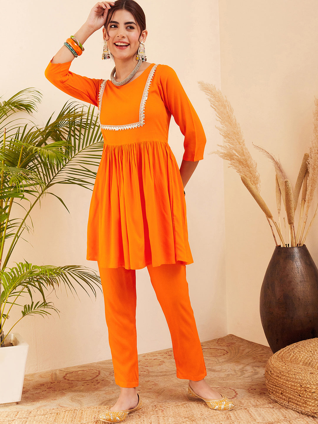 InWeave Women's Orange Round Neck Square Gota Work Kurta Pant Set