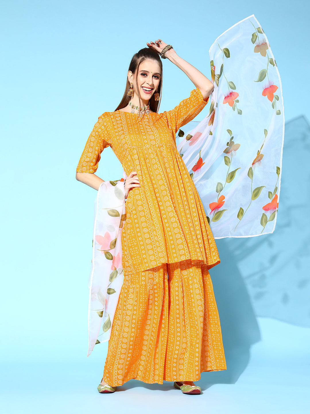 InWeave Women's Yellow Bandhani Sharara Set With Dupatta