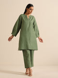 trueBrowns Olive Green Slub Relaxed Placket Co-Ord Set