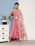 InWeave Women's Light Pink Ray Strappy Set With Red Big Floral Cotton Dupatta