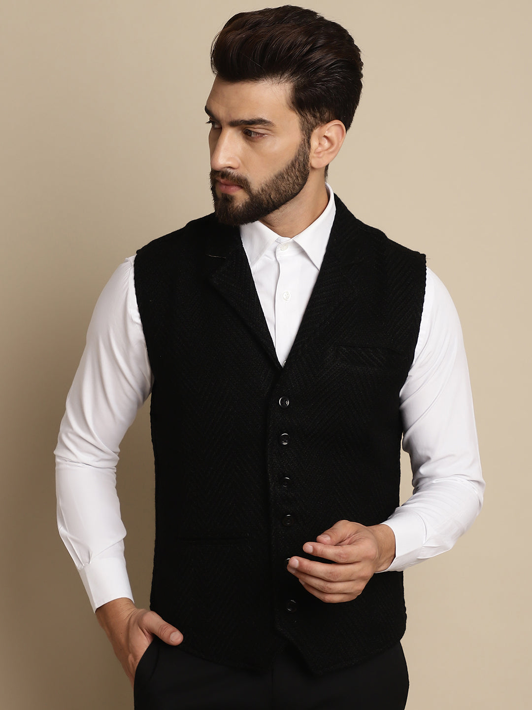 Even Apparels Men's Black Wool Waistcoat with Notched Lapel