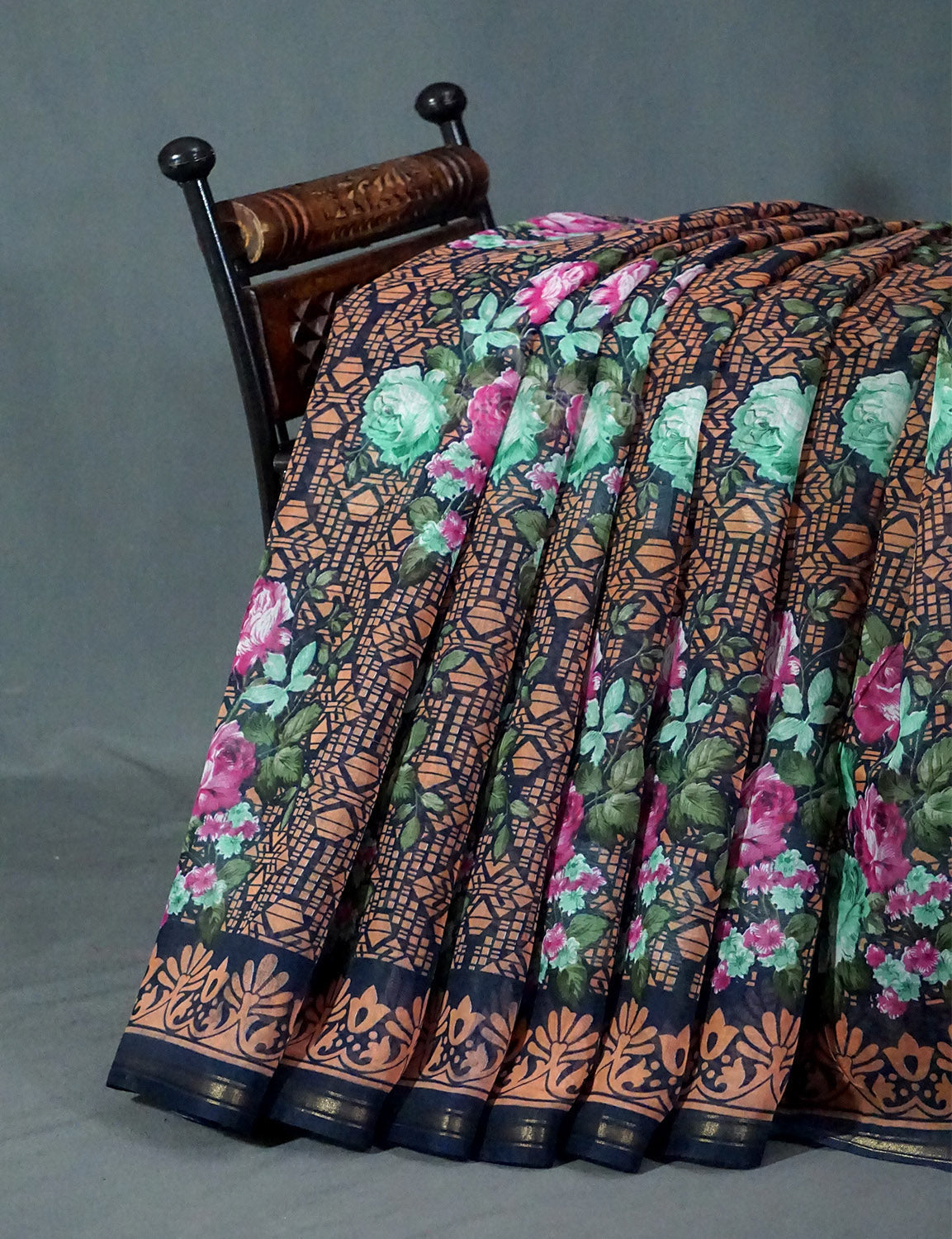Shades of Navy Blue Colour Floral Design Semi Chanderi Saree By Gayathri Reddy Designer Studio