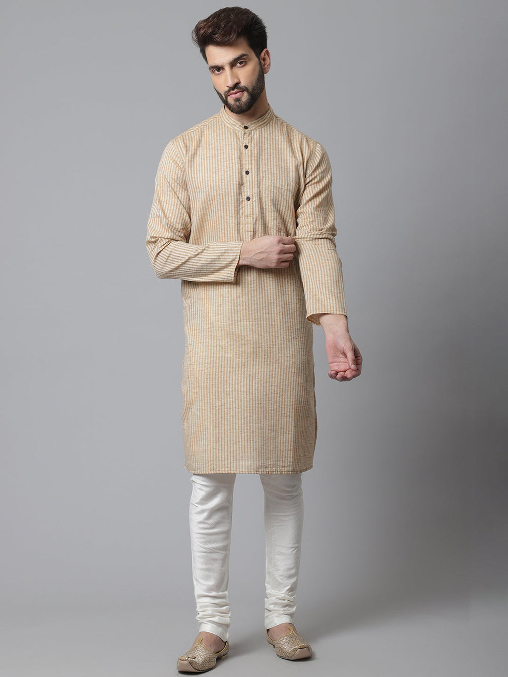 Indian Clothing Even Apparels Beige Solid Kurta With Band Collar
