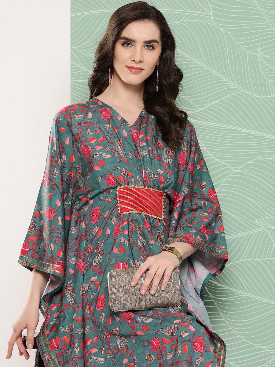 Ahalyaa Women Floral Printed Flared Sleeves Gotta Patti Crepe Kaftan Kurta