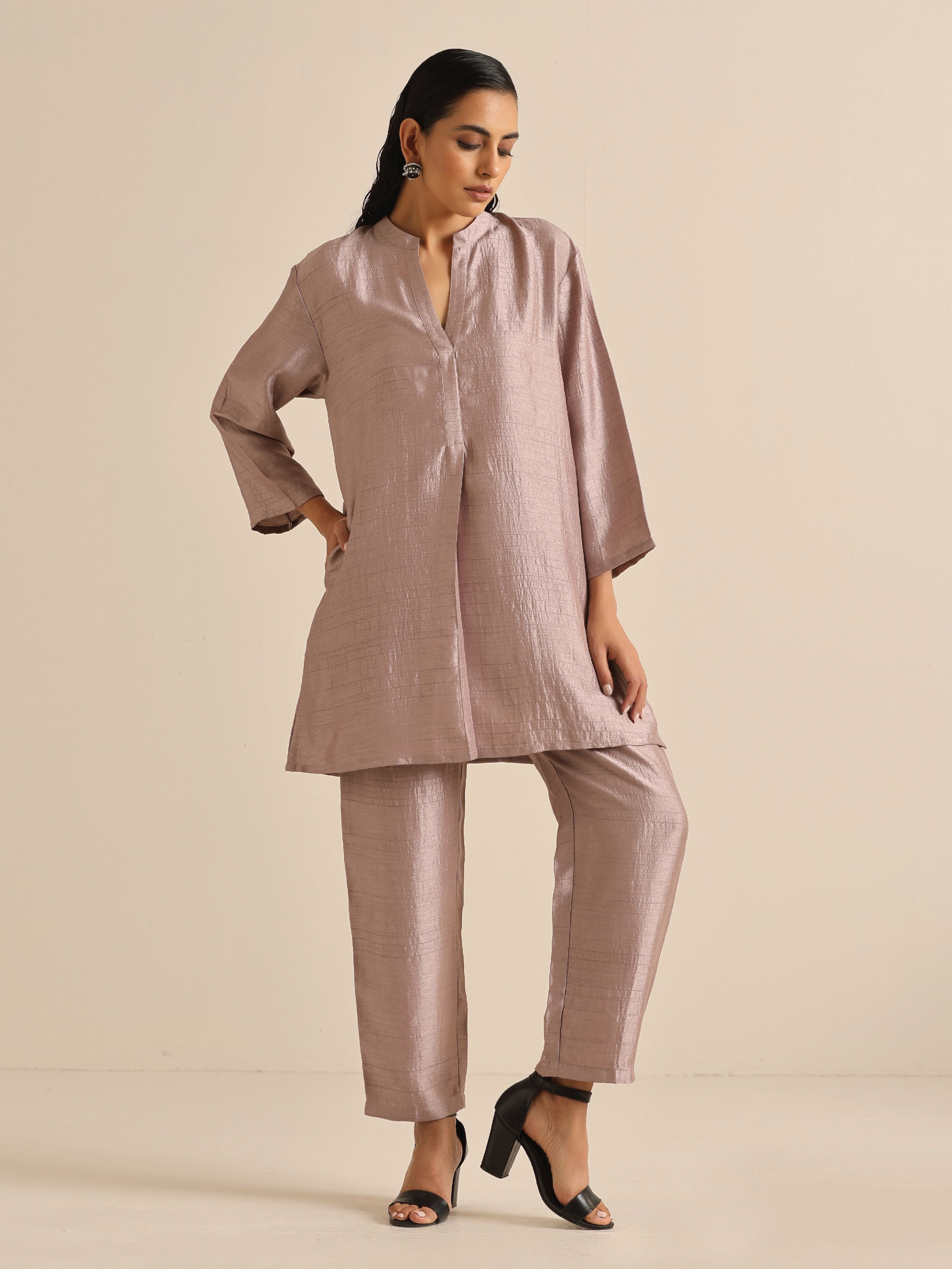 trueBrowns Grey Silk Texture Relaxed Co-Ord Set