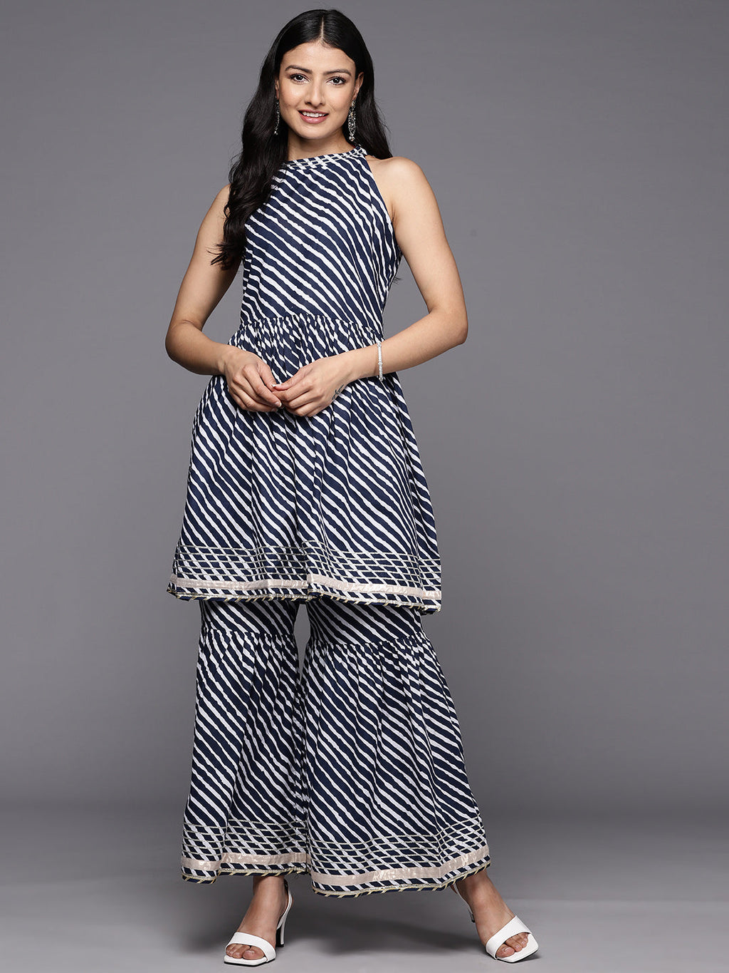 KSUT (House of Varanga) Blue And White Leheriya Halter Neckline Gota Work Kurta With Sharara