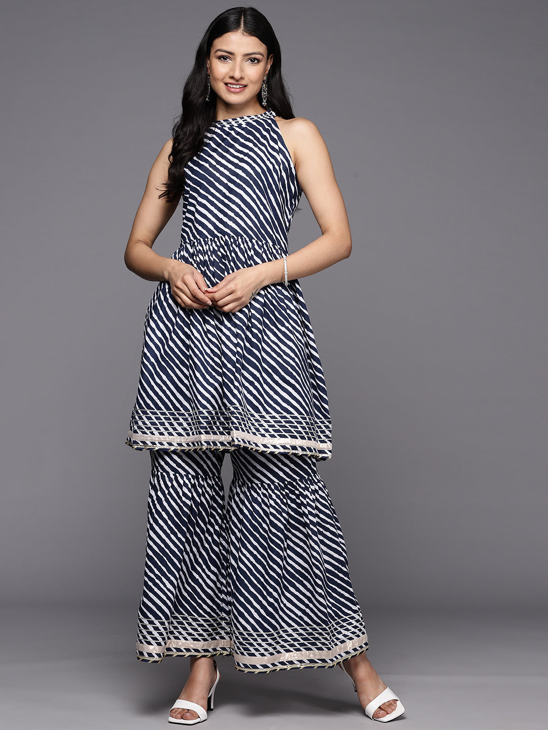 KSUT (House of Varanga) Blue And White Leheriya Halter Neckline Gota Work Kurta With Sharara