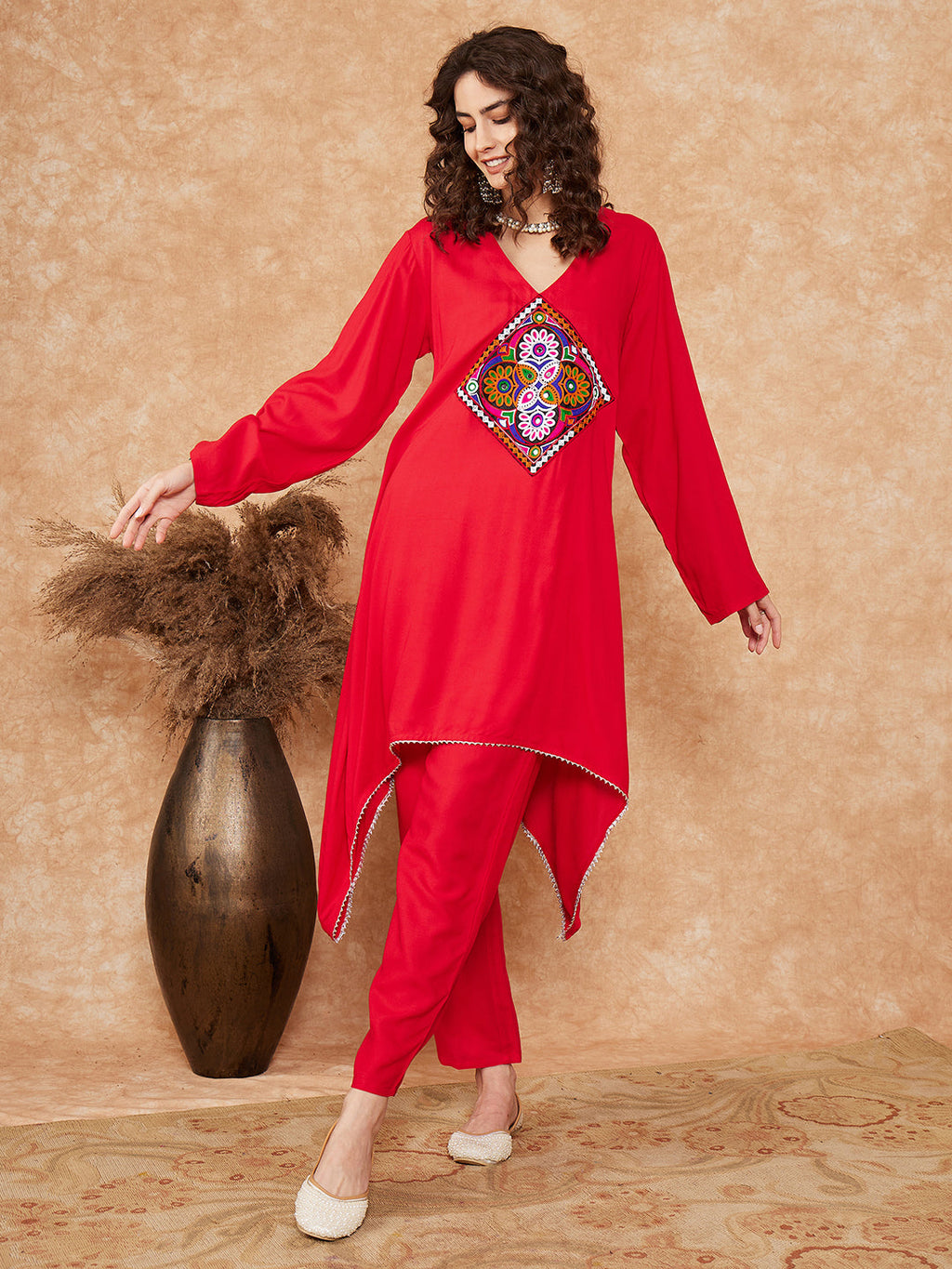 InWeave Women's Red Square Maroon Patch Work Assymentrical Kurta Set
