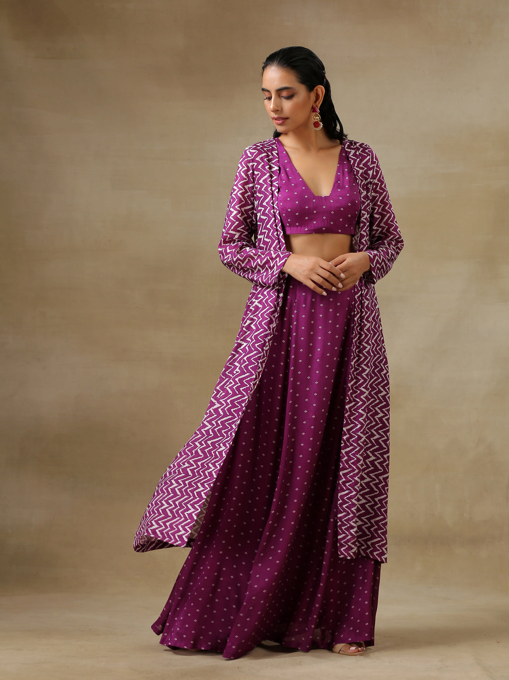trueBrowns Purple Bandhani Printed Silk Top Skirt Jacket Set