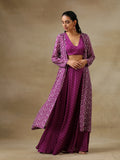 trueBrowns Purple Bandhani Printed Silk Top Skirt Jacket Set