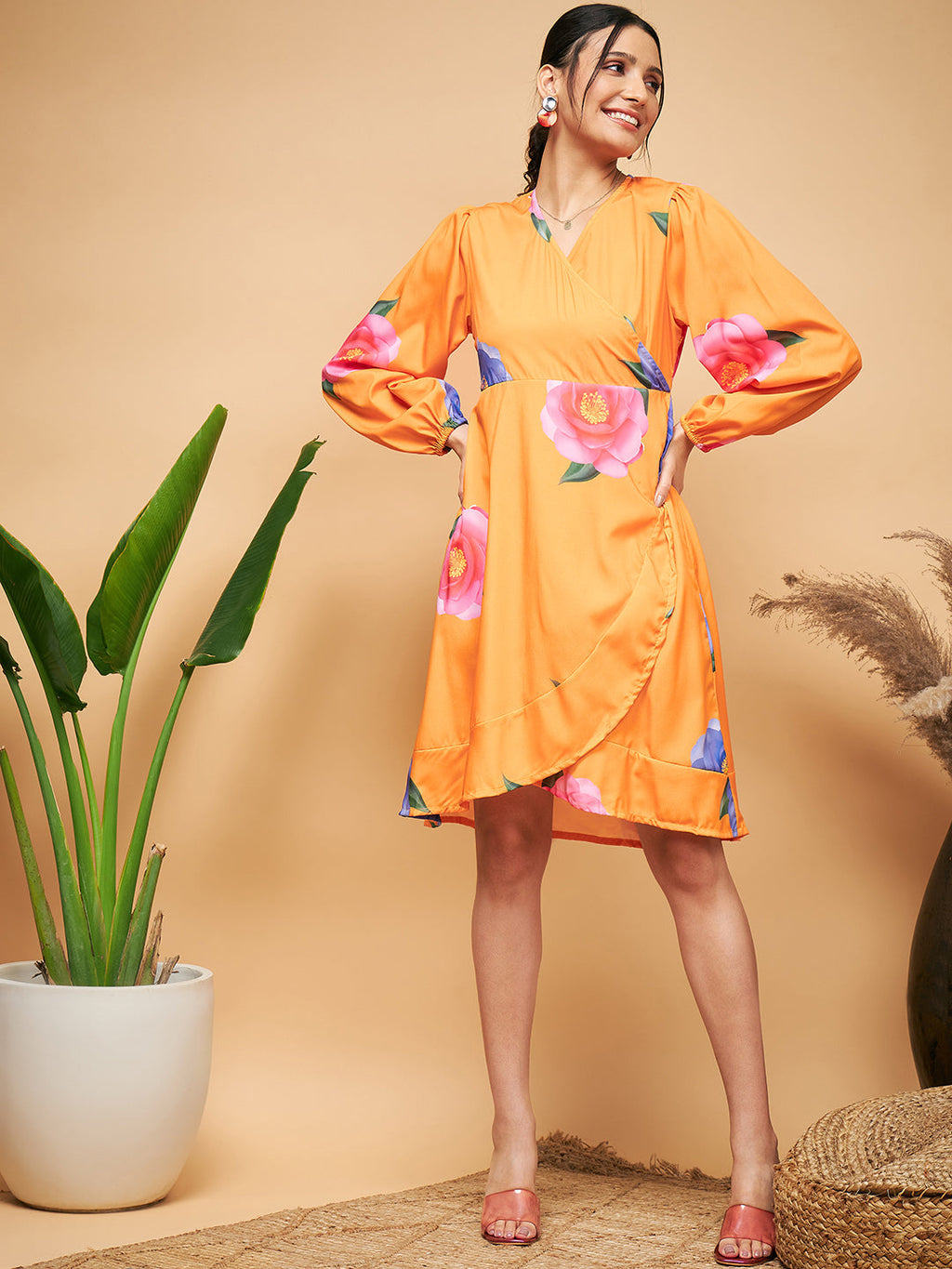 InWeave Women's Haldi Yellow Pink Mauve Flower Belted Dress