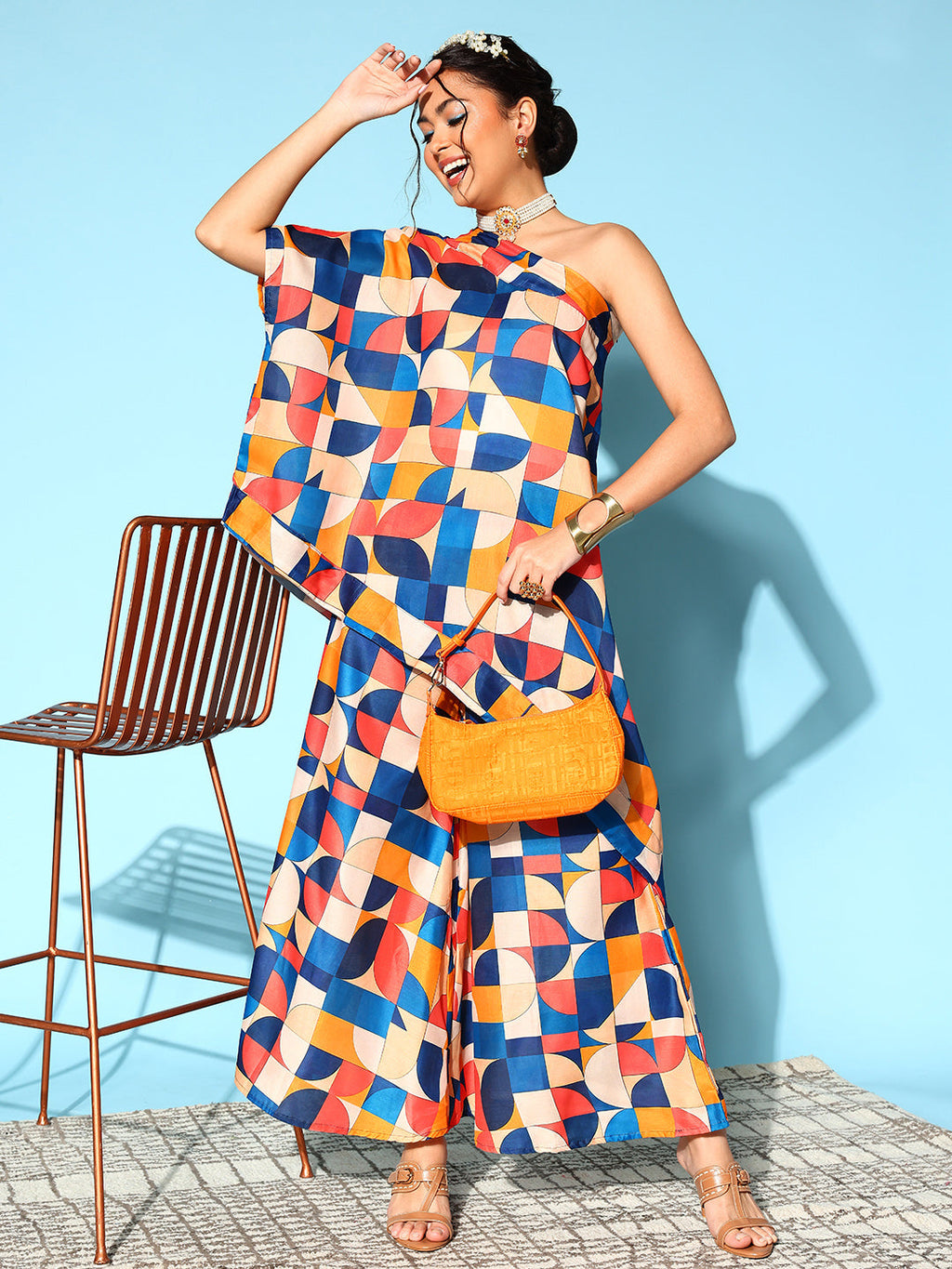 InWeave Women's Multi Geometric Print One Shoulder Top With Palazzo Set