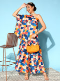 InWeave Women's Multi Geometric Print One Shoulder Top With Palazzo Set