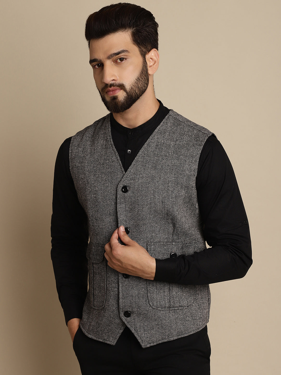 Even Apparels Men's Black Woolen Waistcoat With Patch Pocket