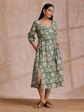 trueBrowns Fern Green Overall Floral Block Print Cotton Square Neck Dress
