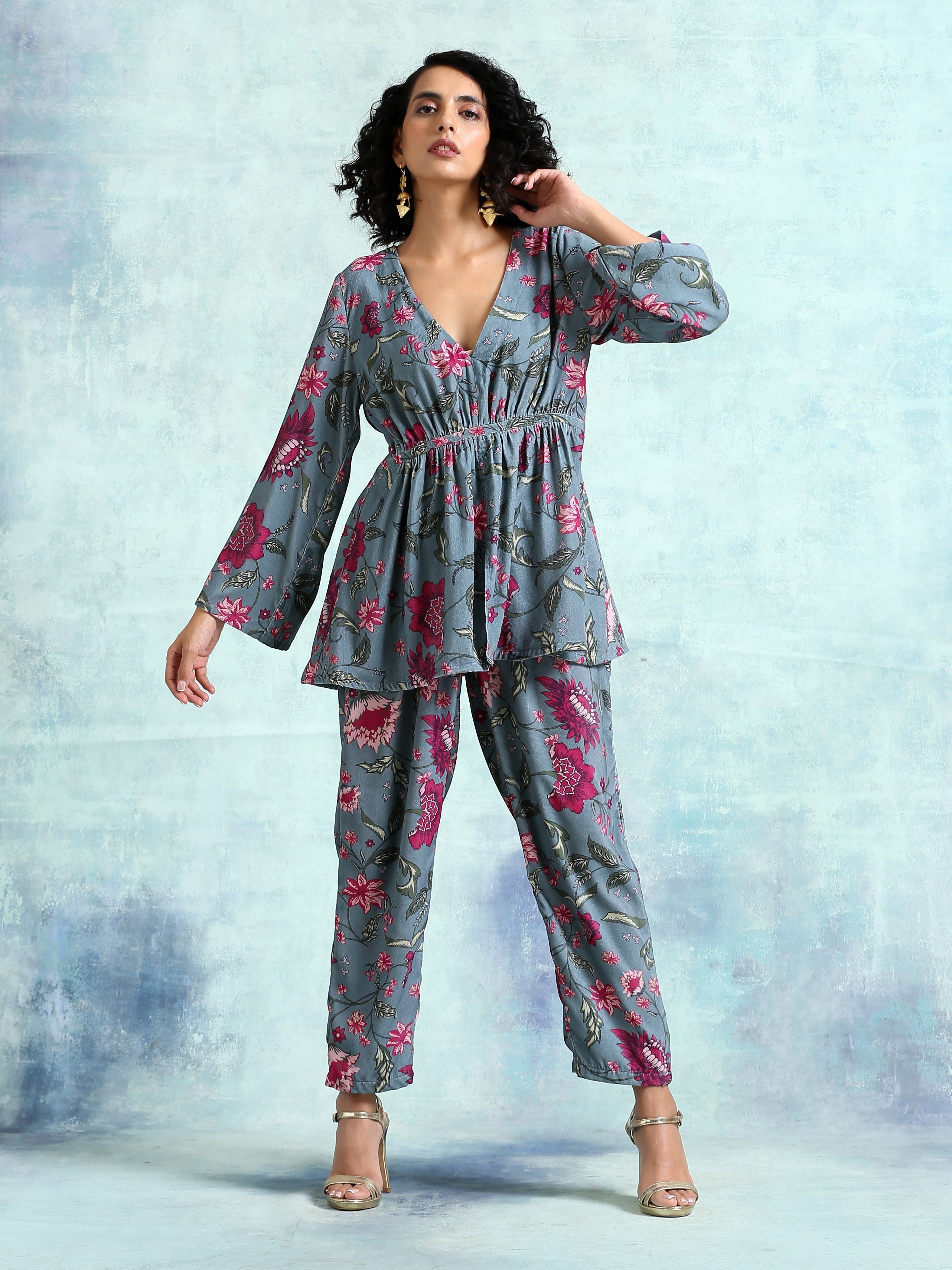 trueBrowns Grey Printed Velvet Co-Ord Set